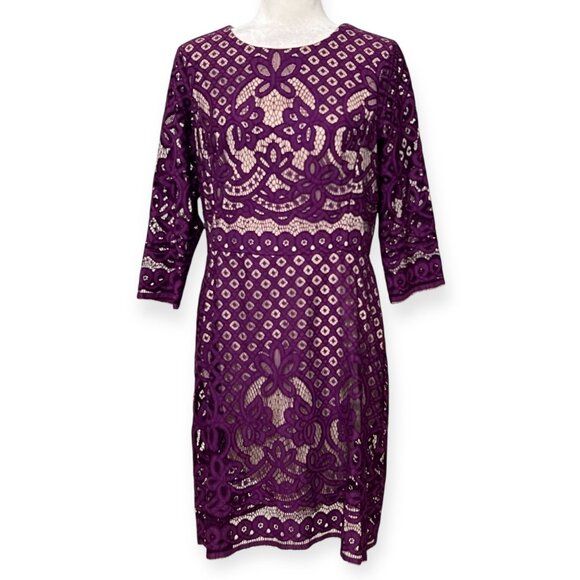 Gabby Skye Purple Lace Sheath Dress Lined 3/4 Sleeve Size 14 Cocktail Party - Picture 2 of 12